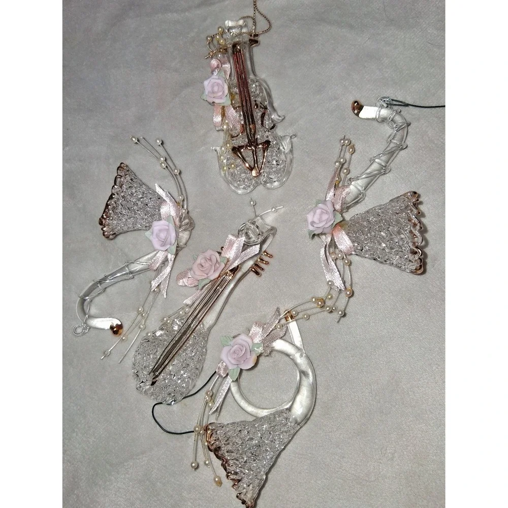 Lot of 4 Spun Glass instrument Ornaments Gold Trim Pink Roses Vintage Style